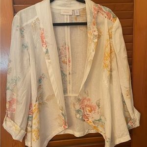 Chico’s size 2 lightweight open front , cuffed jacket. White with floral print